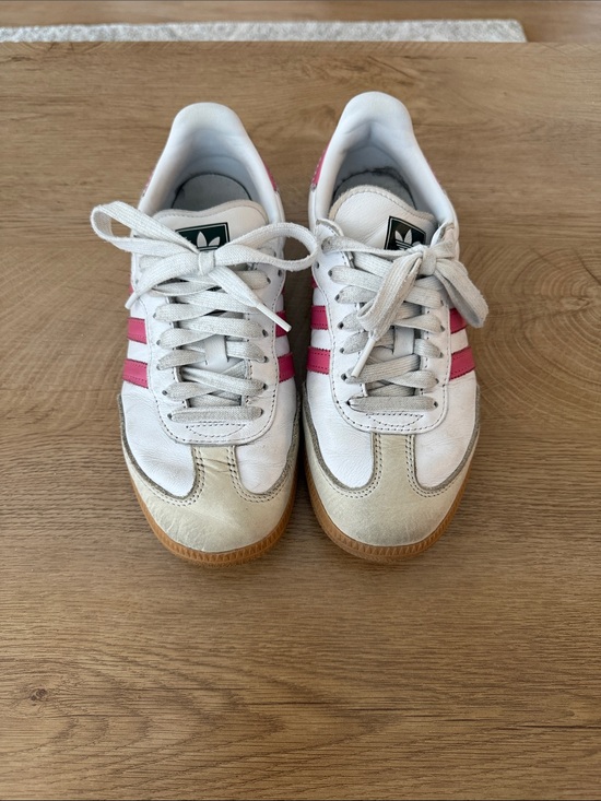 adidas Shoes - adidas White Sneakers with Pink Three-Stripes and Gum Sole